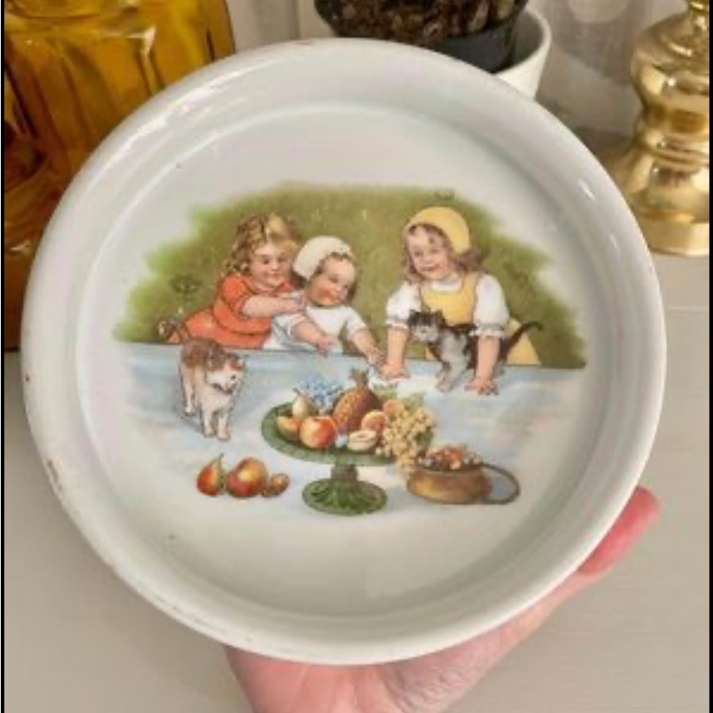 Antique early 1900’s Ironstone Child’s Dish With Cats Fruit Children
